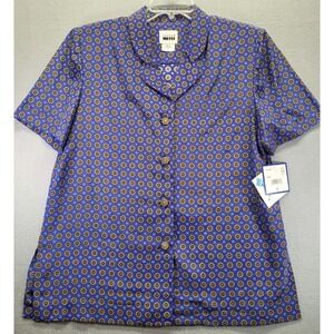 NWT Leslie Fay‎ Short Sleeve Button Front Blouse Womens Size 16 All Over Print